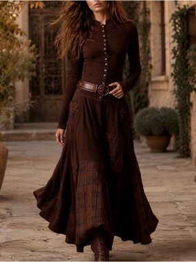 Women's Dark Brown Long Sleeve Maxi Dress with Patchwork Detail
